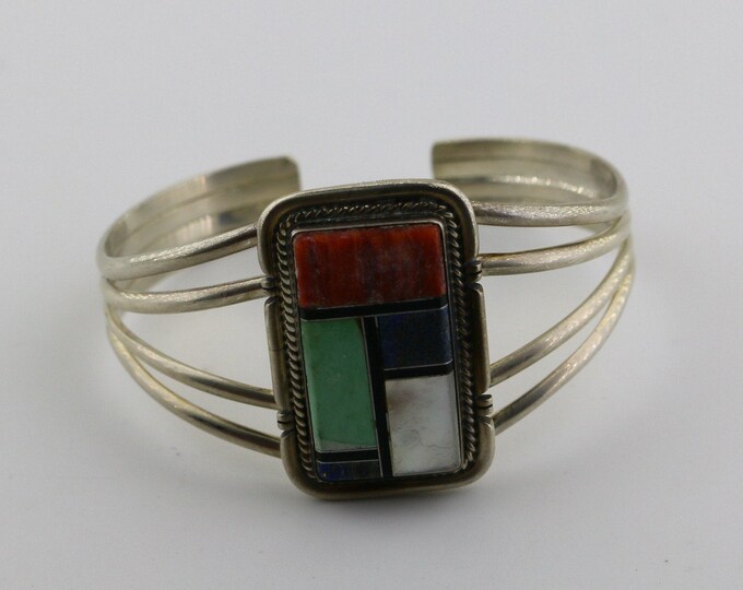 Vintage Navajo Running Bear Shop Colorful Multi Stone Mosaic Turquoise Coral Lapis Lazuli MOP Southwestern Cuff Bracelet 925 Silver BR 3519S