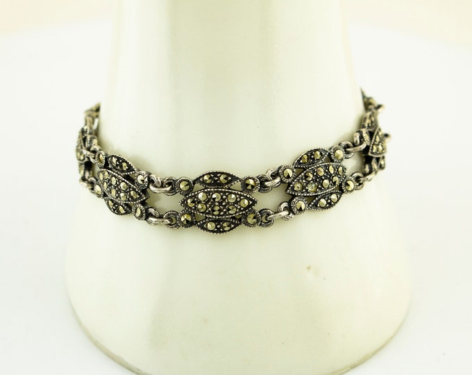 Vintage Oval Links with Shiny Marcasite Stones Beaded Design Tennis Bracelet 925 Sterling Silver BR 222Q