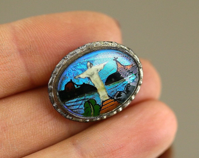 Vintage Antique Religious Jesus Christ Enamel Glass Design Brooch Pin Sterling Silver 925 BB 1913 E