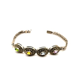 Vintage | Marcasite Design | Multi color stone | Beautiful Chain Weaving Sterling Silver 925 BR 176G