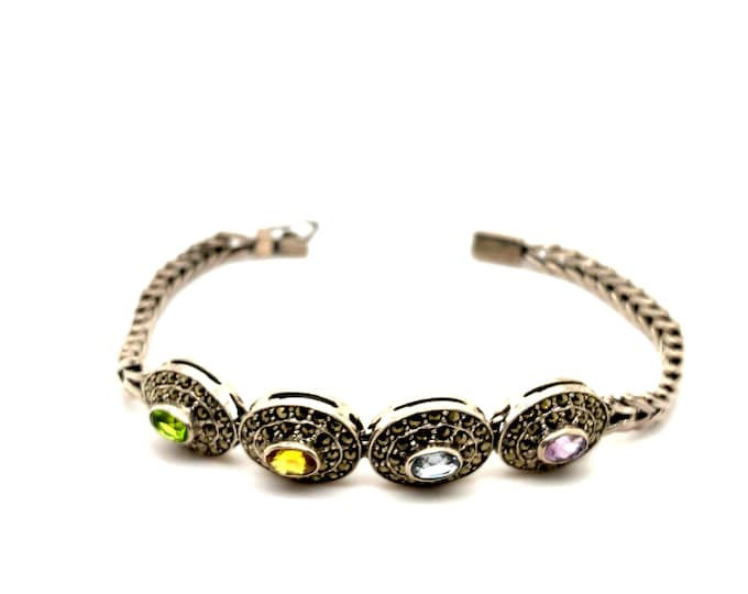 Vintage | Marcasite Design | Multi color stone | Beautiful Chain Weaving Sterling Silver 925 BR 176G