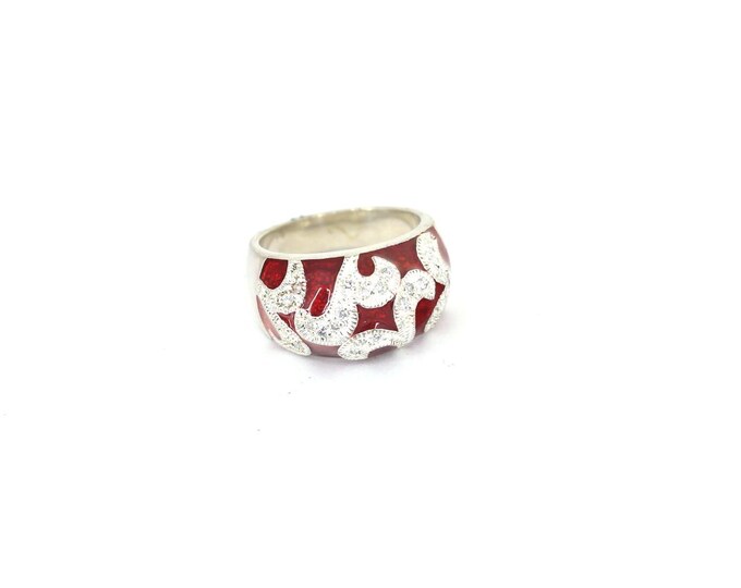 Vintage Size 7.25 Ruby Red Enamel White CZ Crystals Pattern Design 925 Sterling Silver Ring RG 4778