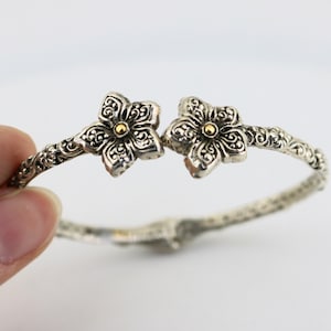 Vintage Beautiful 18k Gold Flower Floral Design Bangle Bracelet  Sterling 925 Silver Br 2224