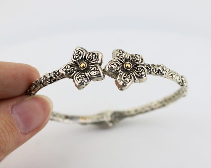 Vintage Beautiful 18k Gold Flower Floral Design Bangle Bracelet  Sterling 925 Silver Br 2224