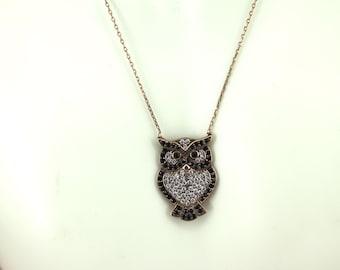 Vintage 17in Owl Black & White CZ Crystals  Pendant Necklace Sterling Silver NC 016