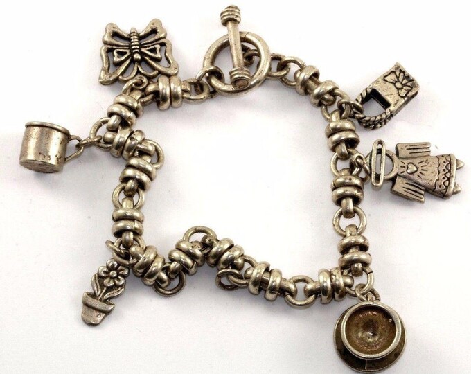 Vintage 6 Charms Baby Cup Butterfly Cup Purse Flower Bracelet 925 Silver Br 1770