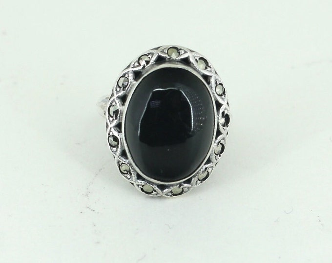 Vintage Size 6  Black Onyx & Marcasite Design Ring 925 Sterling Silver RG 3477