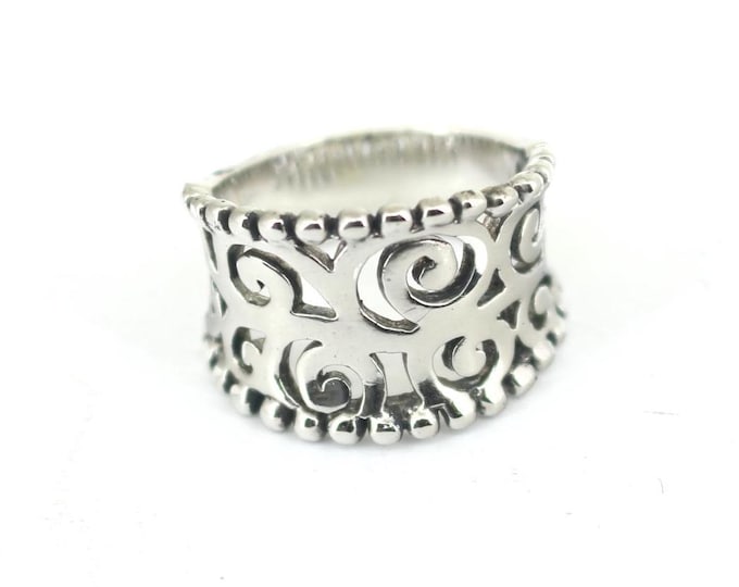 Vintage Concaved Scroll & Beaded Wide Design Band Ring 925 Sterling RG 4