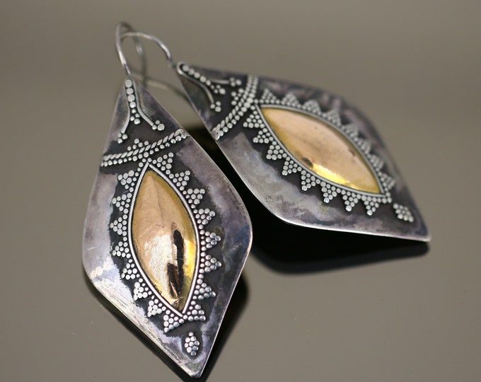 Vintage Antique Rhombus Marquise 18k Gold Design Drop Dangle Earrings Sterling Silver 925 ER 1527