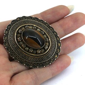 Vintage Unique Tiger Cat Eye Filigree Design Brooch Sterling Silver 925 BB 2043