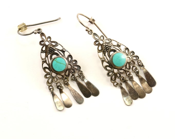 Vintage Beautiful Scroll Turquoise Design Drop/Dangle Earrings Sterling Silver ER 1105