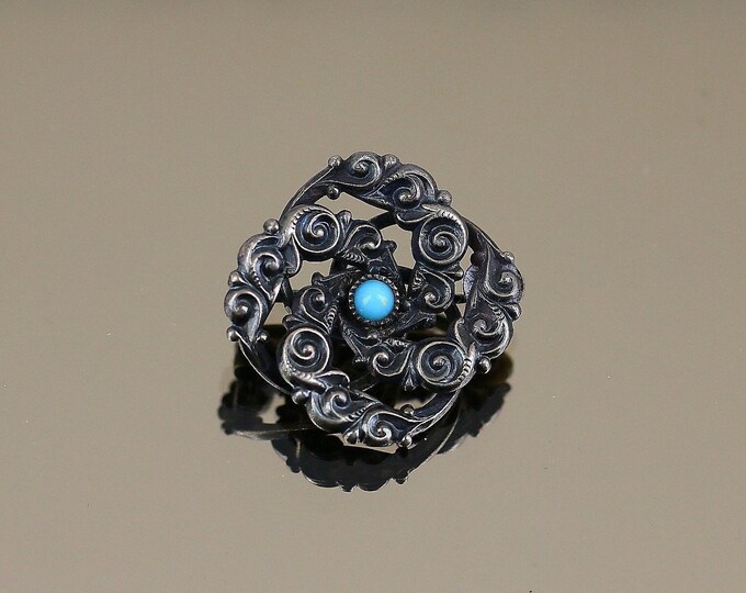 Vintage Antique Round Scroll Floral Blue Turquoise Stone Beauty Design Brooch Sterling Silver 925 BB 2226