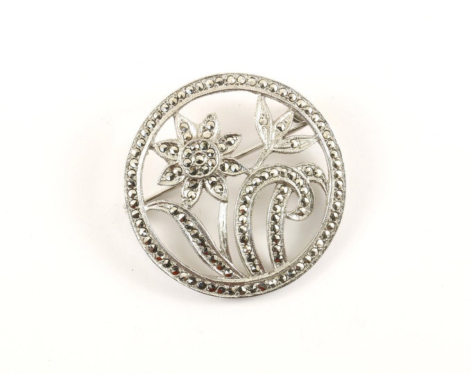 Vintage Beautiful Flower Floral Marcasite Design Pin/Brooch 925 Sterling BB 1316