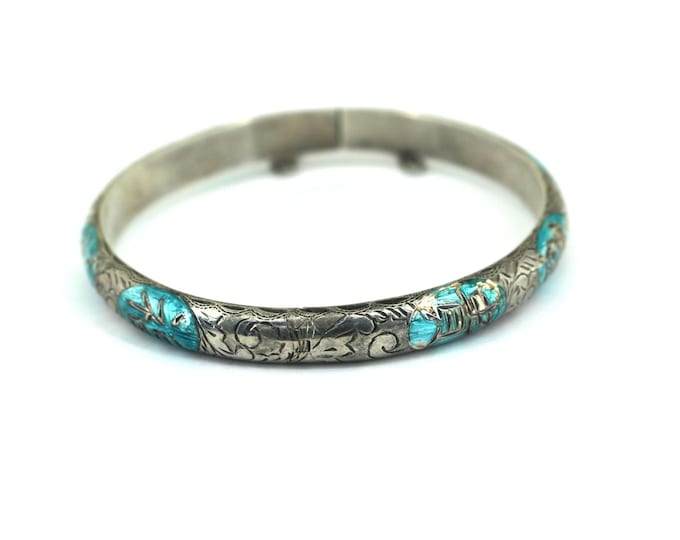 Vintage Thailand Chinese Characters Bangle Bracelet 925 Sterling BR 116