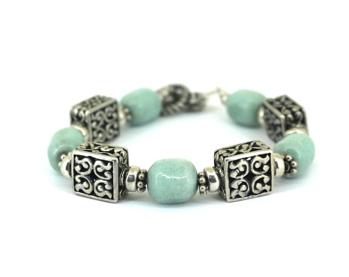 Vintage Whitish-Green Stones Filigree Links 925 Sterling Silver Link  Bracelet BR 184