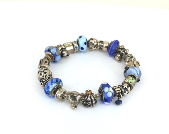 Vintage Authentic Pandora Mickey Mouse Theme Blue Charm Bracelet |23 Charms| Sterling Silver  Bracelet BR 3005