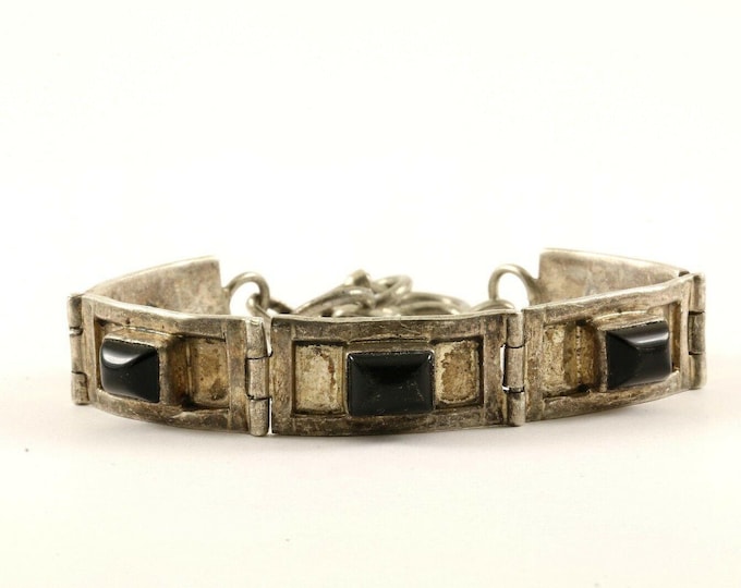 Vintage Black Onyx Bar Design Link Bracelet Sterling Silver Br 778(123759780650)