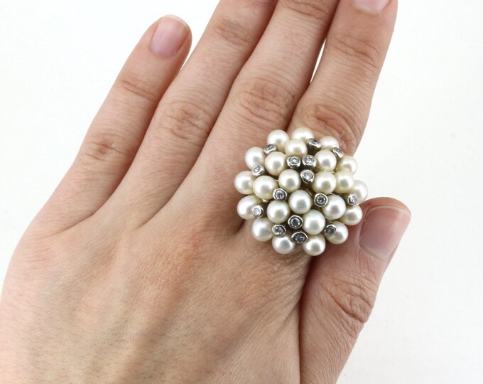 Vintage Size 6 Natural Pearl With Sparkling Accents Large Ring 925 Sterling RG 3618