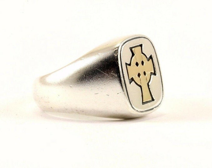 Size 7.75 Vintage Men's Ring | 14 K Gold Front Cross Design Band Ring | 14 K Gold Sterling 925 Silver Ring | RG 1771