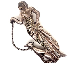 Vintage Brooch | Marcasite Stones Design Brooch | Lady with Dog Design Brooch |Silver 925 Sterling Brooch | BB 2004V