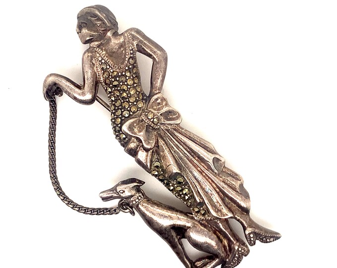 Vintage Brooch | Marcasite Stones Design Brooch | Lady with Dog Design Brooch |Silver 925 Sterling Brooch | BB 2004V