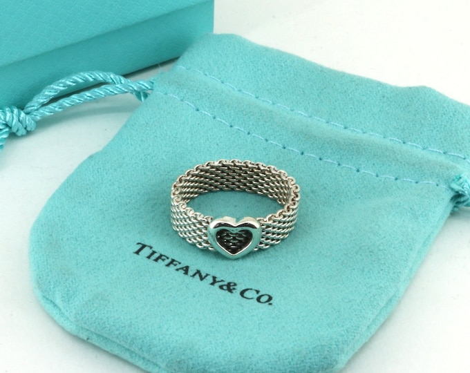 Size 8.5 Authentic Tiffany & Co Mesh Heart  Ring Sterling 925 Silver RG 1145