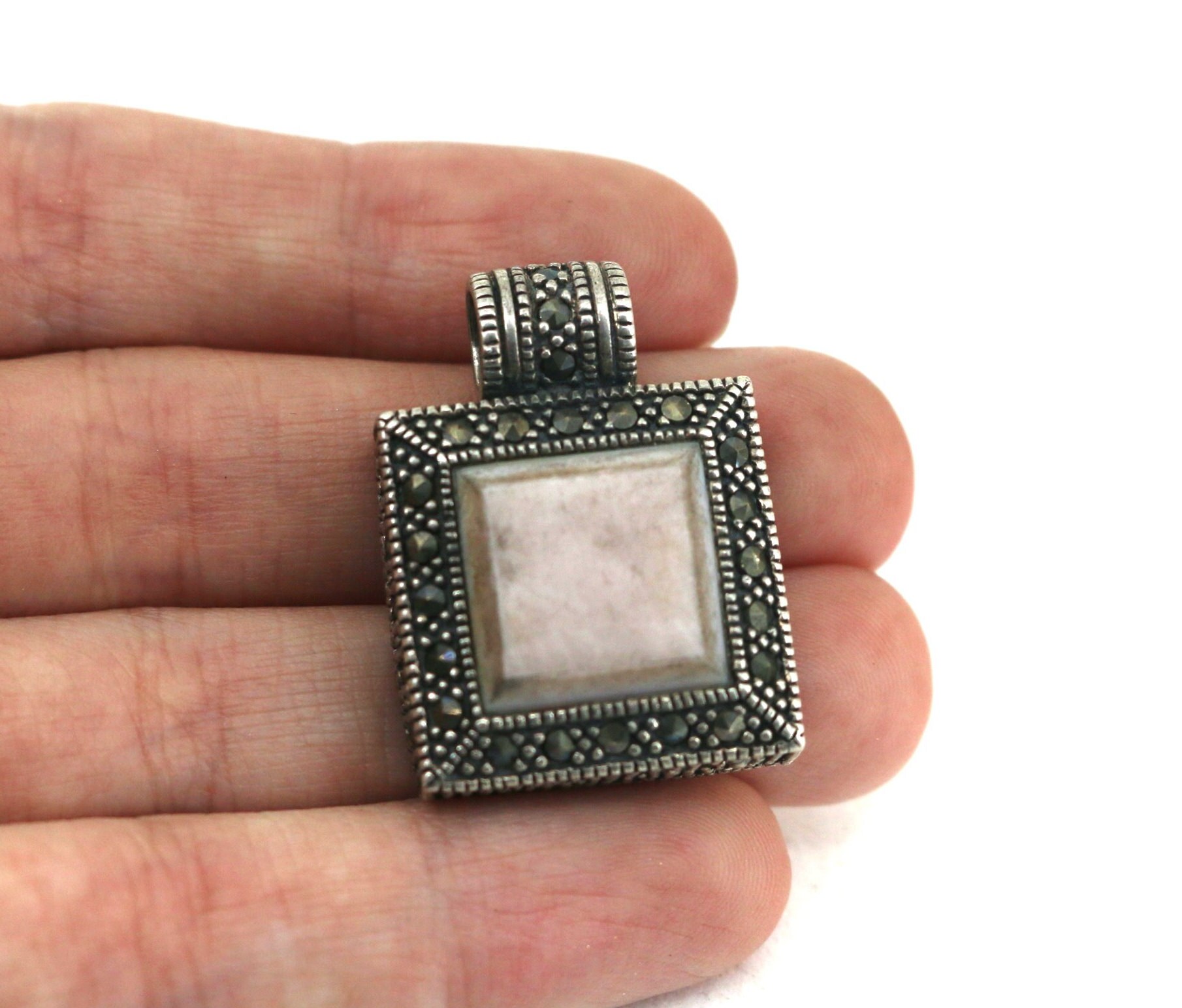 Vintage Marcasite Pink Stone Pendant 925 Sterling PD 2276