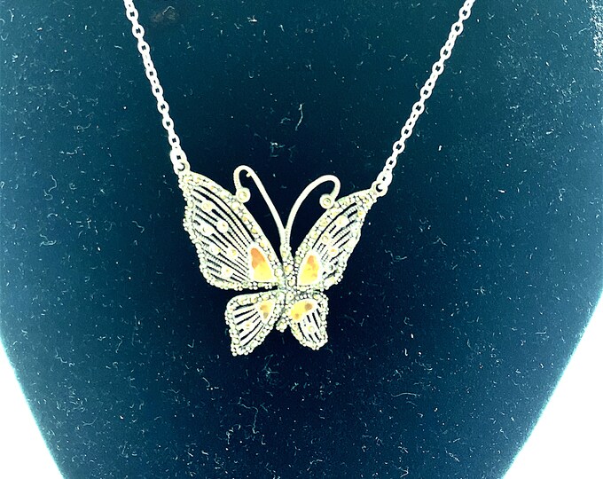 Vintage Necklace | Marcasite Stone Necklace | Butterfly Design Pendant | Thailand Design Necklace  | Silver 925 Sterling Necklace | NC 1674R