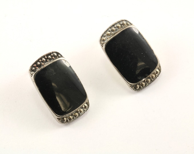 Vintage Rectangle Onyx Marcasite Stud Earrings 925 Sterling Silver ER 987