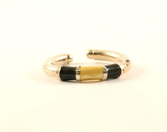 Vintage Black Enamel Open Back Band Design Ring 925 Sterling Silver RG 4273