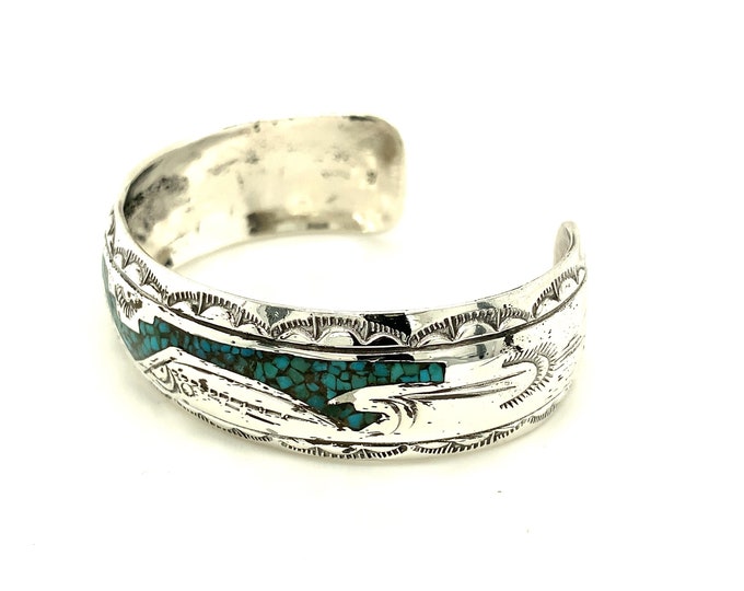 Vintage J NEZZIE Navajo Sterling Silver & Turquoise Wide Cuff Design Bracelet  BR 1233