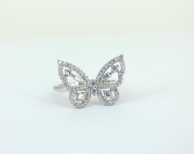 Vintage Luminous CZ Crystals Butterfly Design Ring 925 Sterling Silver Size 7 RG 4405