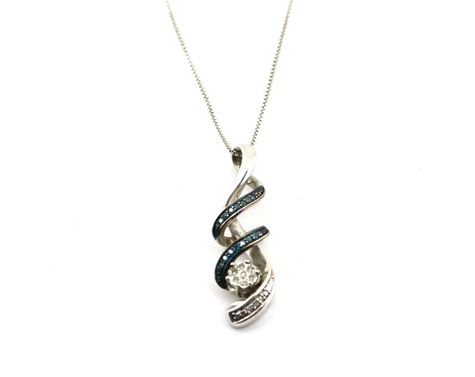 Vintage Blue and White Natural Diamonds Scroll Pendant Thin Box Chain Design Necklace 925 Sterling Silver NC 64