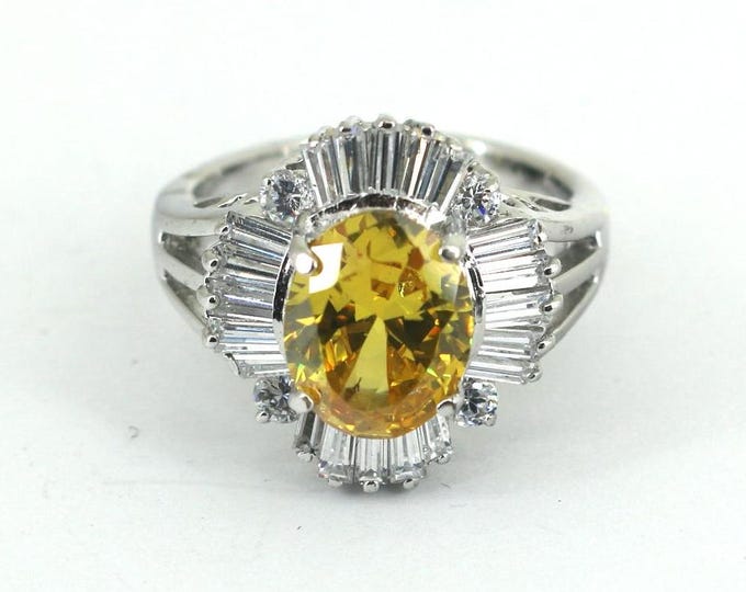 Vintage Size 6.5 Sparkling Lemon Yellow Crystal CZ Design Statement Ring 925 Sterling Silver RG 4655