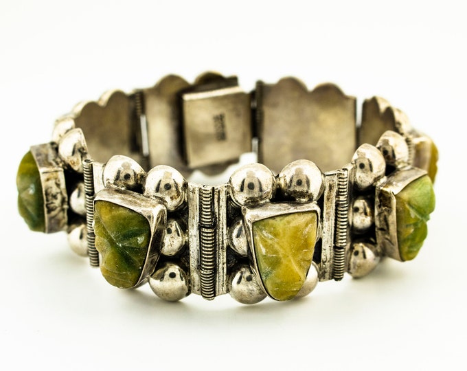 Wide Beaded Links & Massive Natural Quartz Stones Gorgeous Design Mexico Vintage Elegant Bracelet for Women 925 Sterling Silver Br 253Q