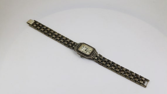 Vintage Rama Elegant Square Links Marcasite Stones Japan Quartz Movement Watch 925 Sterling Silver OT 346