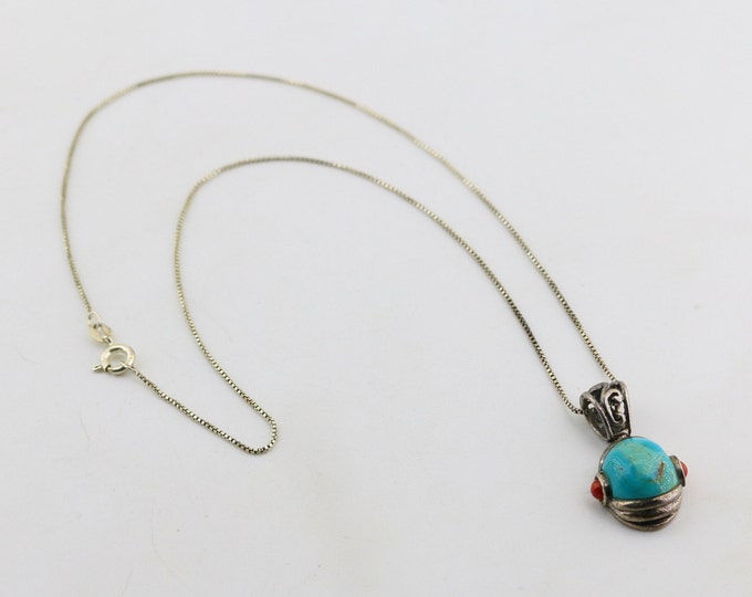 Vintage Oval Blue Turquoise Store Red Coral Beads Bali Thailand Style Chain Design Necklace 925 Sterling Silver NC 1516J