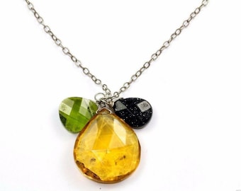 Vintage Teardrop Yellow Citrine Green Peridot Blue Aventurine Natural Stone Necklace 925 Sterling Silver  Nc 705