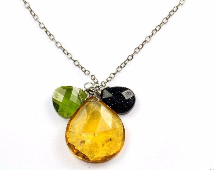 Vintage Teardrop Yellow Citrine Green Peridot Blue Aventurine Natural Stone Necklace 925 Sterling Silver  Nc 705