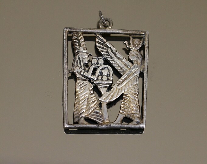 Vintage Egypt Egyptian Symbols Of God Goddess Life Feast Scene Design Pendant 925 Sterling Silver PD 2814