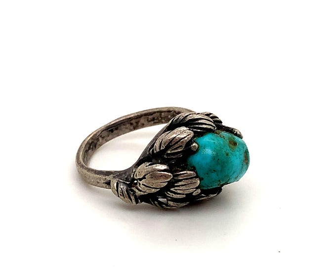 Vintage Ring | Navajo Design Ring | Blue Turquoise Stone Ring | Floral Design Ring | Sterling 925 Silver Ring  | Size 5.8  | RG 4201