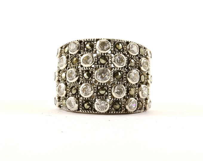 Vintage Size 7 Large Five Row Crystal Inlay Cocktail Ring 925 Sterling RG 3133