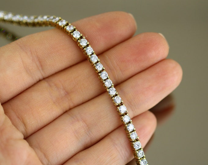 Vintage Thin Sparkling Crystals CZ Gold Tone Design Chain Tennis Bracelet 925 Sterling Silver BR 3768