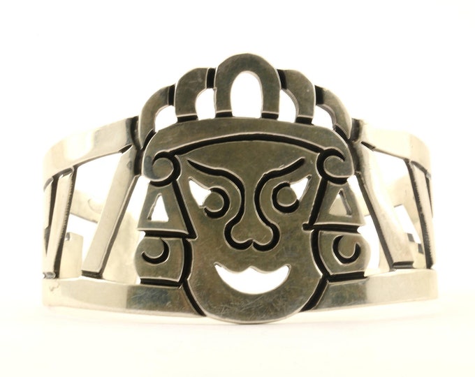 Vintage Large Mexico Aztec Open Cut Smiling Face Design Cuff Bracelet Sterling Silver Br 2267