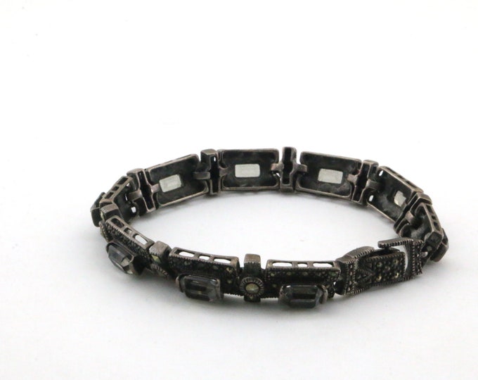 Vintage Block Links Marcasite Stones & Crystals Bracelet 925 Sterling Silver BR 2256