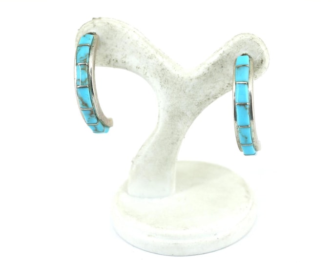 Vintage Native American Zuni Turquoise  Gemstone Hoop Earrings Sterling Silver 925 ER 1037