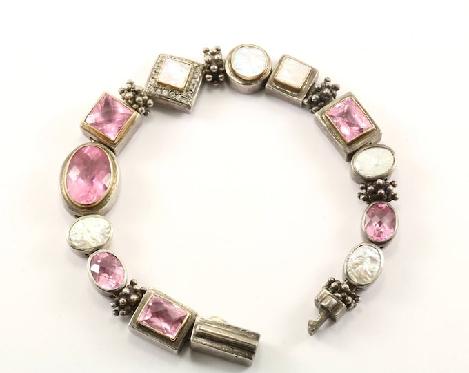 Vintage Beautiful Mother Of Pearl Pink Crystals Real Natural Diamonds Gold Parts Geometric Design Bracelet Sterling 925 Silver BR 2974