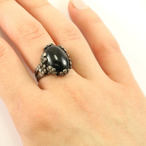 Vintage Größe 7.75 Schwarzer Onyx Blumen Blumen Perlen Design Ring 925 Sterling Silber RG 2891