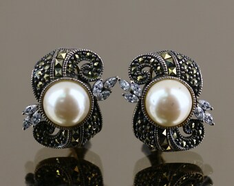 Vintage Judith Jack Marcasite Pearl Sterling Silver Earrings  Vintage Judith Jack Sterling Silver 925 Marcasite Faux Pearl Pierced Earrings main image 0