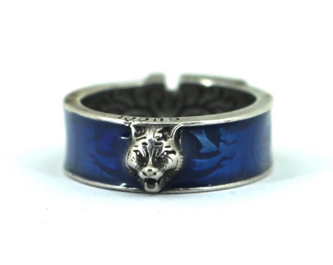 Authentic Gucci Tiger Head Blue Enamel Ring Sterling 925 Silver RG 4704